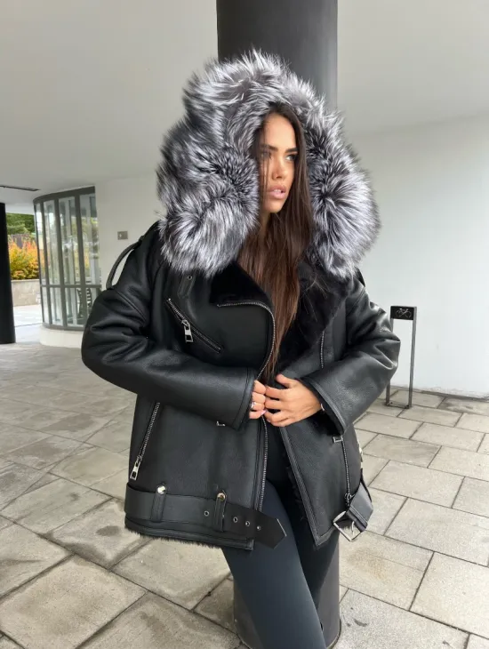 Дубленка - косуха с капюшоном из меха чернобурой лисы - фото 4