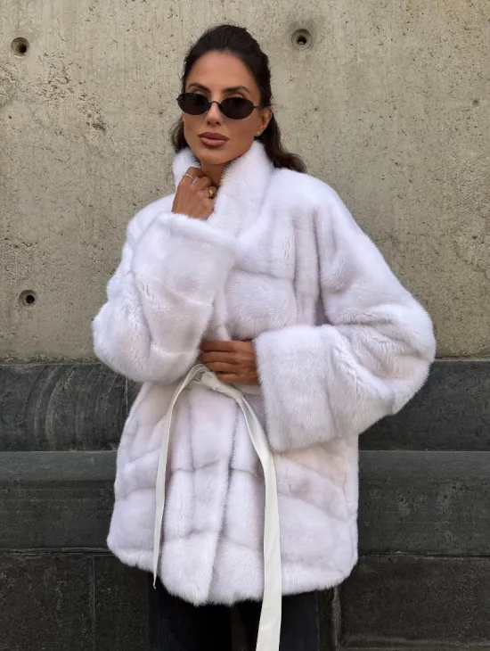 Короткая норковая шуба - цвет жемчуг - фото 7