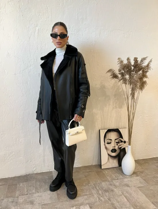 Дубленка авиатор в черном цвете из натуральной овчины - фото 6