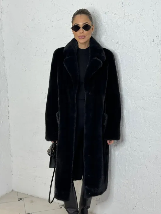 Шуба из плюшевой норки с английским воротником - цвет инфинити - фото 7