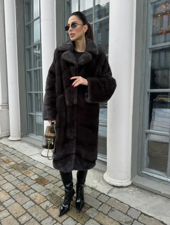 Норковая шуба с английским воротником - цвет уголь - фото 4
