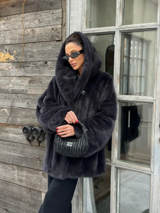 Шуба норковая с капюшоном - цвет графит - фото 8
