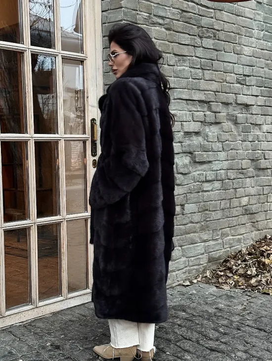 Шуба Халат из меха норки с английским воротником - цвет темный графит - фото 5