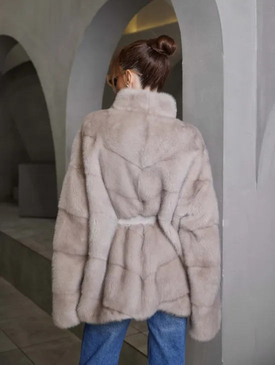 Кимоно норковое воротник отворот - цвет нюдовый - фото 2
