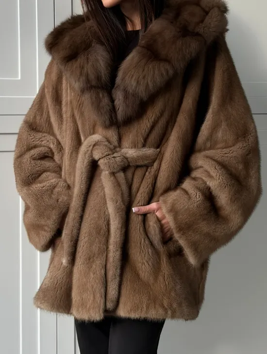 Норка NAFA пошив роспуск пастель с капюшоном куница -летучая мышь - фото 2