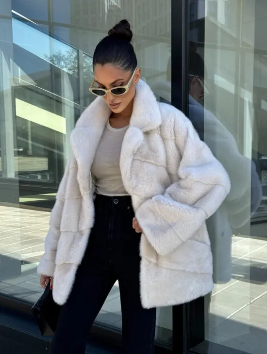 Короткая норковая шуба с английским воротником - цвет ваниль - фото 3