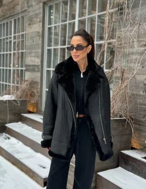 Черная дубленка авитор на овчине - фото 5