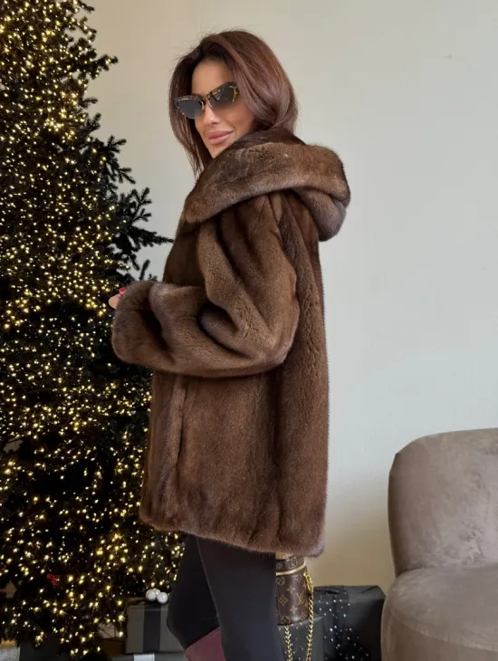 Норка автоледи с капюшоном, роспуск в цвете орех - фото 2