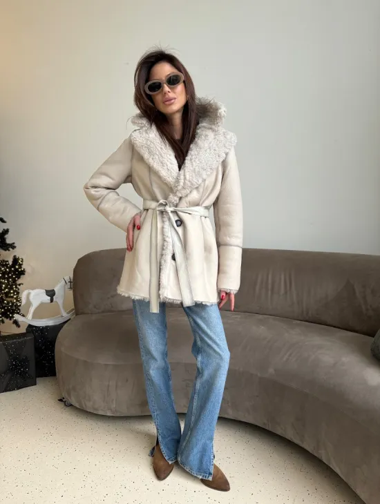 Двусторонняя дублёнка - шуба, мех тиградо английский воротник - фото 7