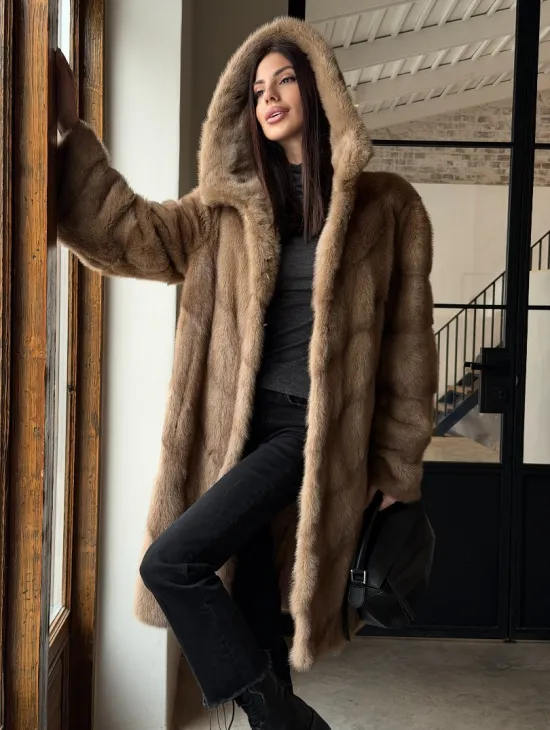 Норковая шуба с капюшоном - цвет пастель - фото 10