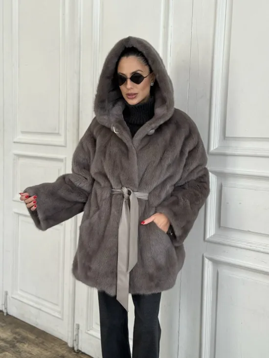 Шуба норковая с капюшоном роспуск - цвет графит - фото 6
