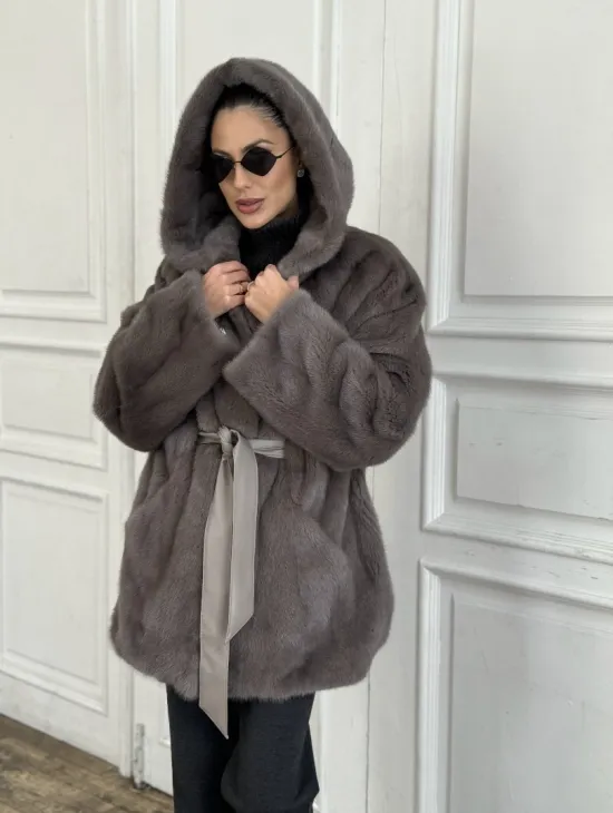 Шуба норковая с капюшоном роспуск - цвет графит - фото 2