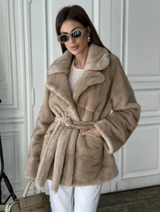 Норковый полушубок английский воротник мех NAFA - цвет пастель - фото 0