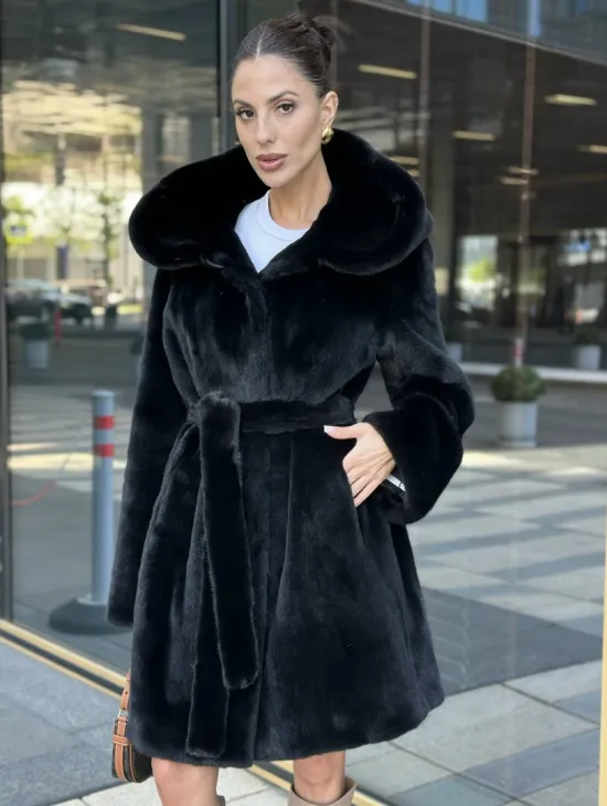 Шуба норковая с капюшоном, мех BLACKGLAMA - фото 0
