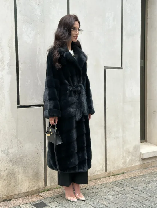 Шуба из меха норки с английским воротником темно - зеленый изумруд - фото 10