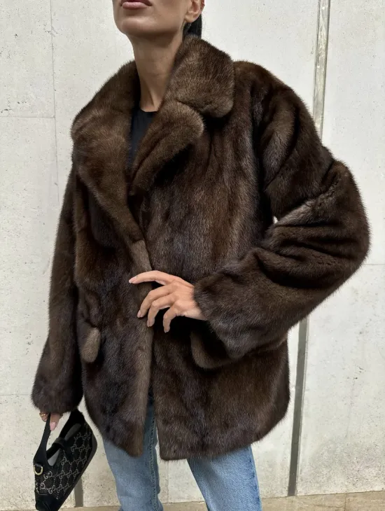 Шуба норковая - жакет с английским воротником цвет соболь - фото 4